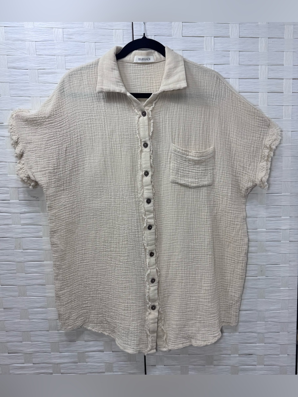 Coastal Natural Fiber Cream Color Boho Short Sleeve Frayed Edges Size XL